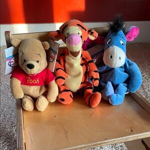 Disney Winnie the Pooh, Tigger, & Eeyore Plush beanie Toy Set - Red, Orange,Blue